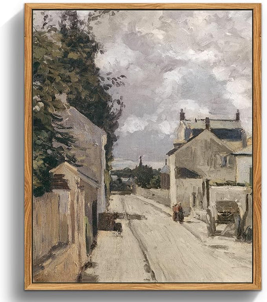 crmotu Framed Canvas Wall Art, Country Street Landscape Art Prints, Old Architecture Vintage Decor Pictures, Retro Scenery Wall Paintings for Living Room Bedroom Kitchen Rustic Farmhouse Decor 12x16in