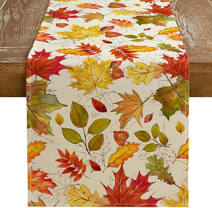 GEEORY Fall Table Runner 13x72 Inch, Maple Leaves Rustic Thanksgiving Farmhouse Decor Table Decoration for Kitchen Dinning, Indoor Outdoor Dinner Party (Orange Red Green Leaves) GT115-72