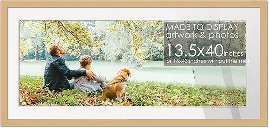 13.5x40 Frame Natural Wood with White Mat | 16x43 Frame Matted to 13.5x40 | Display Your Picture Under UV Acrylic Shatter Guard Front, with Foam Board Backing and Wall Hanging Hardware - Wood Frame