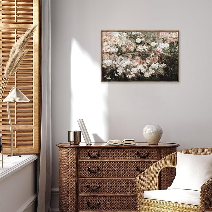 KBKBART Framed Canvas Wall Art for Living Room Bedroom Decor, Vintage Moody Floral Art Print Flower Rose Garden, Rustic Bathroom Decor, Classical Vintage (16"x24")