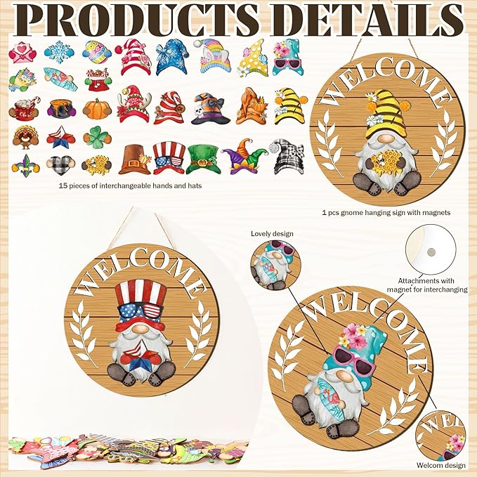Qunclay Interchangeable Wooden Gnome Decor Holiday Seasonal Gnome Decorations with Magnet Pieces and Detachable Hats Changeable Welcome Sign for Home(Fresh Style)
