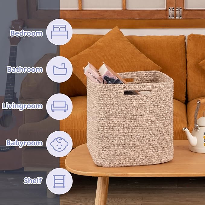 OIAHOMY Storage Cubes, 13 Inch Cube Storage Organizer, Collapsible Storage Bins, Baskets for Organizing, Storage Bins for Shelves-Brown, 3-PACK