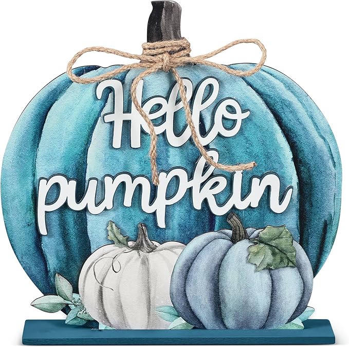 Soaoo Fall Decoration Wooden Fall Hello Pumpkin Sign Autumn Pumpkin Table Decor 11 Inch Wooden Autumn Desktop Ornament for Farmhouse Home Living Room Harvest Day Thanksgiving Decor(Blue)