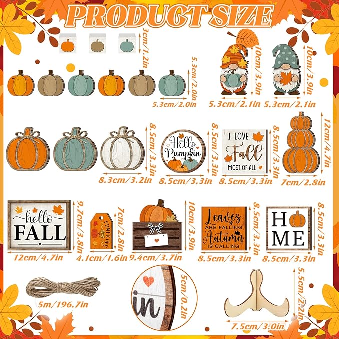 21 Pcs Fall Tiered Tray Decoration Set Thanksgiving Table Sign Pumpkins Farmhouse Decor Gnome Maple Leaves Centerpieces Harvest Wood Blocks Signs Fall Block Tabletop for Autumn(Pumpkin)