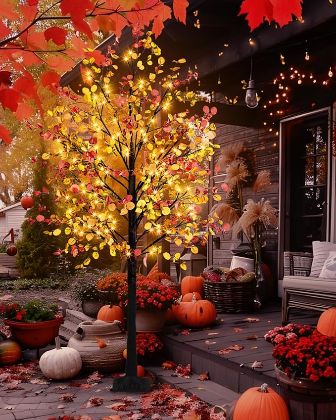 8FT Fall Lighted Eucalyptus Tree with 160 Led Lights Artificial Fall Light Up Tree Large Fake Autumn Tree Lights for Indoor Outdoor Fall Home Thanksgiving Christmas Decor