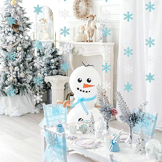Snowflake-Snow Teal-Silver Christmas Party-Decorations Garland - 6pcs Winter Wonderland Girl Frozen Birthday Hanging Decoration Streamers Banner, Snow White New Year Supplies Holiday Decor Panduola