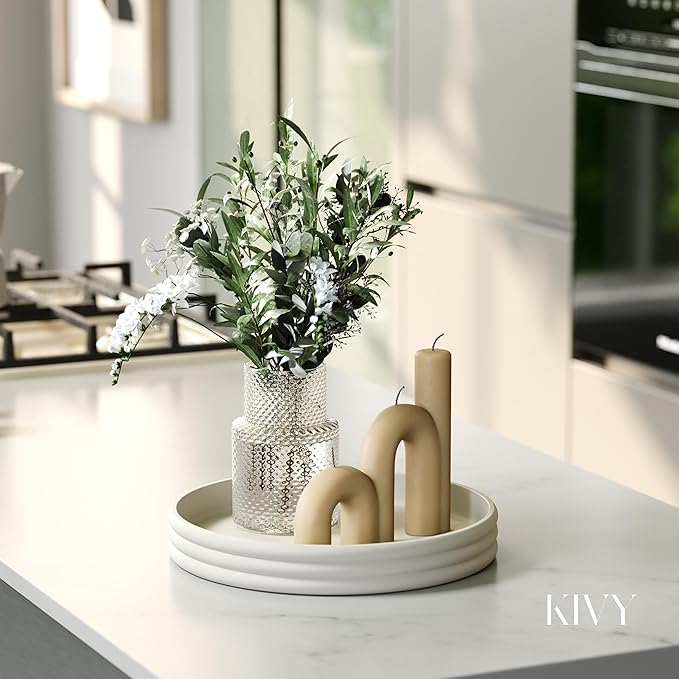 KIVY Round Decorative Concrete Tray 11x1,5 Inch - Modern Circle Coffee Table Tray - Home Decor Flat Bowl for Livingroom & Bedroom - Bandejas Decorativas - Circle Coffee Table Centerpiece (Cream)