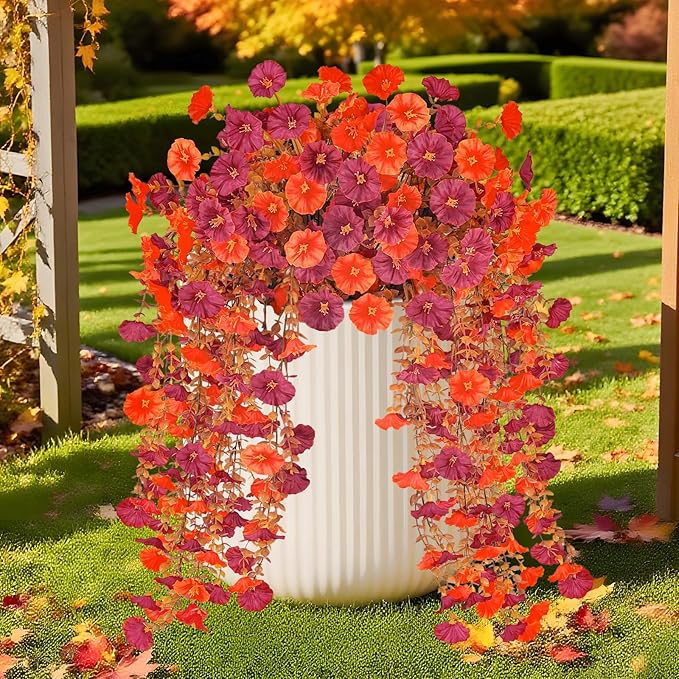 2 Pcs Artificial Hanging Flowers for Outdoor Fall Decoration, 2 Pcs Fake Morning Glory Flowers UV Resistant Faux Fall Petunias for Home Front Door Patio Decor (Dark Red Orange)