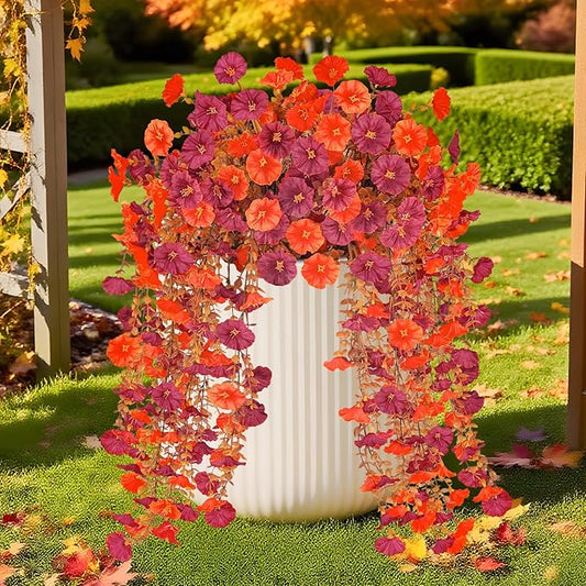 2 Pcs Artificial Hanging Flowers for Outdoor Fall Decoration, 2 Pcs Fake Morning Glory Flowers UV Resistant Faux Fall Petunias for Home Front Door Patio Decor (Dark Red Orange)