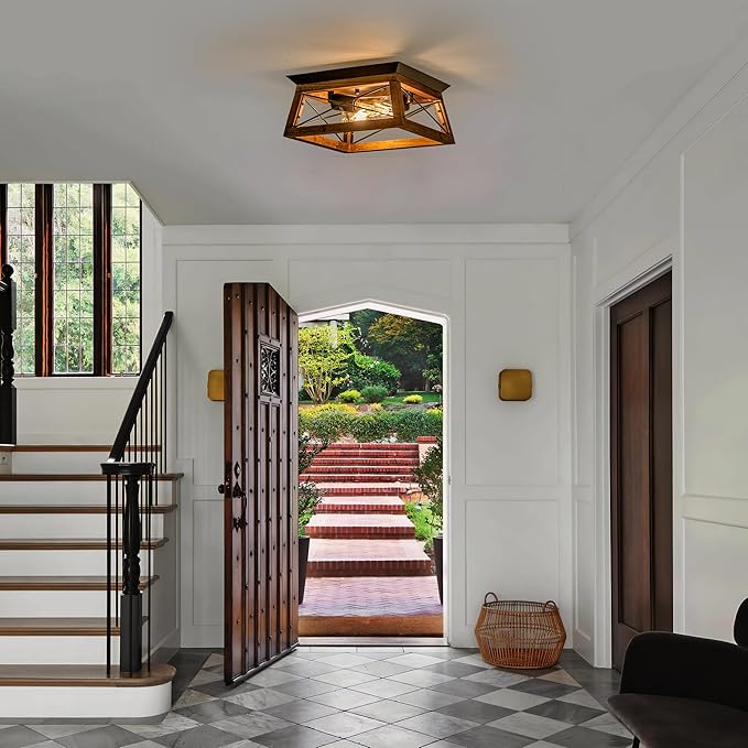 Farmhouse Ceiling Light, 2-Light Flush Mount Light Fixture with Metal and Wood Design, Rustic Light Fixture for Kitchen, Entryway, Hallway, Bedroom