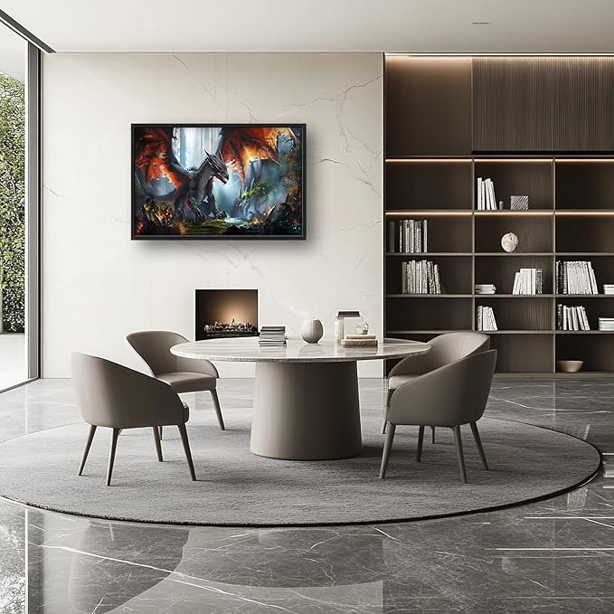 Dragon Large Framed Wall Art Western Fire Dragon Pictures Oversized Wall Decor Cool Animal Canvas Print Painting Aesthetic Modern Artwork for Living Room Bedroom Office Bathroom Home Decor 36L x24W