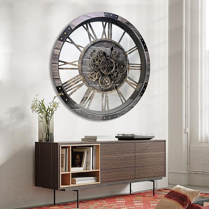 DORBOKER 40" Original Moving Gears Wall Clock, Large Industrial Wall Clock for Living Room Decor,Oversized Wood Vintage Farmhouse Steampunk Rustic Clocks for Wall Decor,Carbon Gray