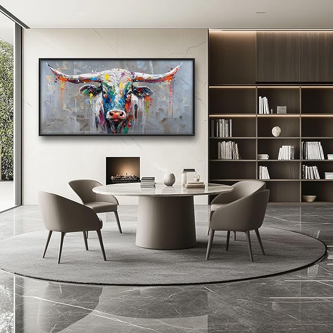 Cow Large Framed Wall Art Abstract Colorful Cow Pictures Graffiti Oversized Wall Decor Canvas Print Painting Aesthetic Modern Artwork for Living Room Bedroom Office Bathroom Home Decor 60L x30W