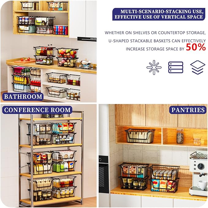 Enhanced Leak-Proof Bottom Stackable Wire Baskets, 6 Pack Pantry Organizers and Storage, pantry storage，Shelf Baskets, Fruit Basket, Potato and Onion Storage Bins，(Black)