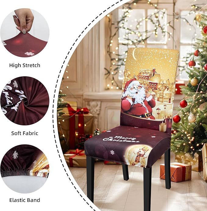 Christmas Chair Covers, Stretch Dining Covers, Dining Room Chair Covers Set of 4, Removable Washable Dining Chair Slipcovers for Home Hotel Banquet Holiday Decoration