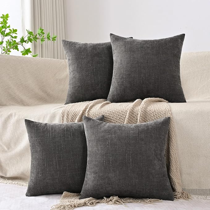 Set of 4 Soft Textured Decorative Throw Pillow Covers 22x22 Inch Cozy Farmhouse Cushion Cover Square Accent Pillow Cases for Bed Couch Sofa Living Room, Dark Grey
