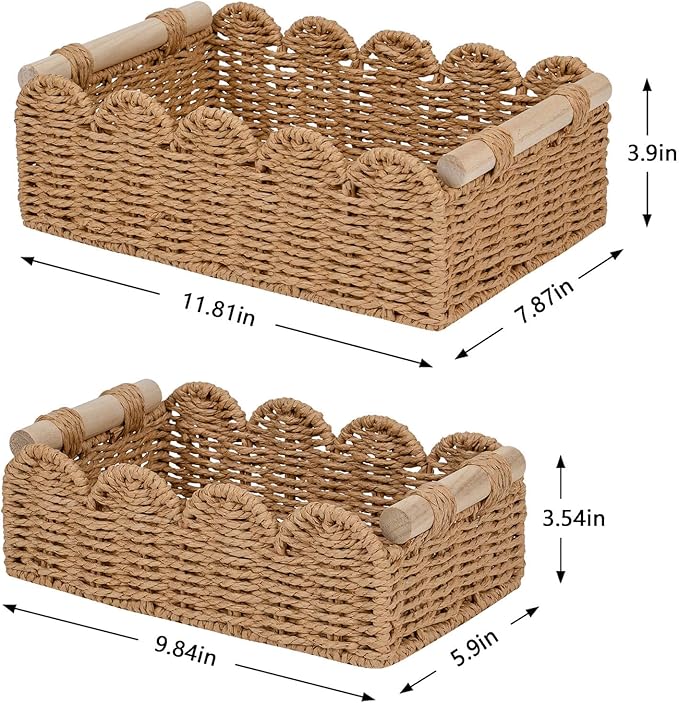 CubesLand Paper Rope Scalloped Edge Decor Baskets for Home, Living Room, Bedroom, Toilet Basket for Over Toilet Storage Shelf, End Table, Shelves and More, Both Storage&Decor, Set 2 Neutral