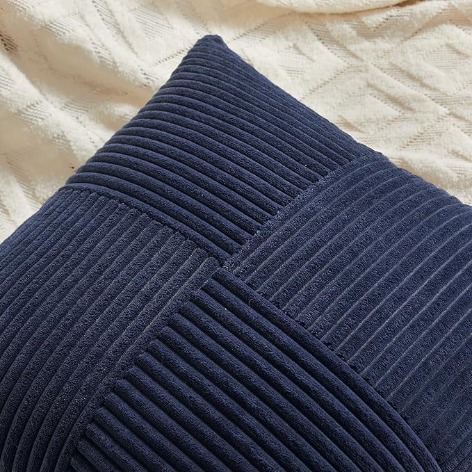 Fancy Homi 4 Packs Navy Blue Lumbar Decorative Throw Pillow Covers 12x20 Inch for Living Room Couch, Rustic Farmhouse Boho Home Decor, Soft Striped Corduroy Rectangle Accent Cushion Case 30x50 cm