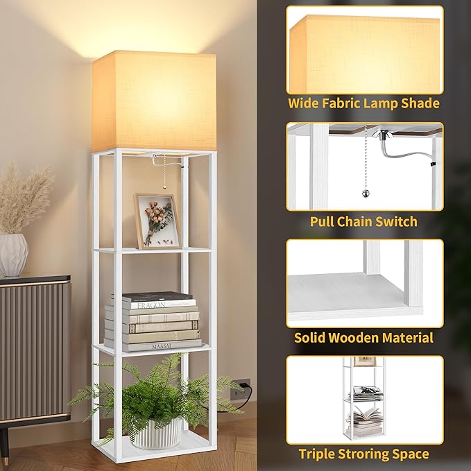 Dott Arts Floor Lamp with Shelves, Wide Floor Lamps for Living Room Display Shelf Lamps with 3 Color LED Bulb,Storage Wood Modern Floor Lamp for Bedroom Standing Lamp for Living Room Office（White）