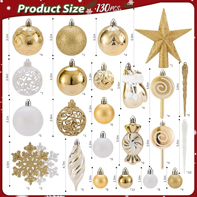 130 Pcs Christmas Ball Ornaments, Christmas Tree Decoration Set Golden Christmas Ball Shatterproof Hanging Ornament Decorations for Christmas Tree, Wreaths, and Outdoor Displays (Golden)