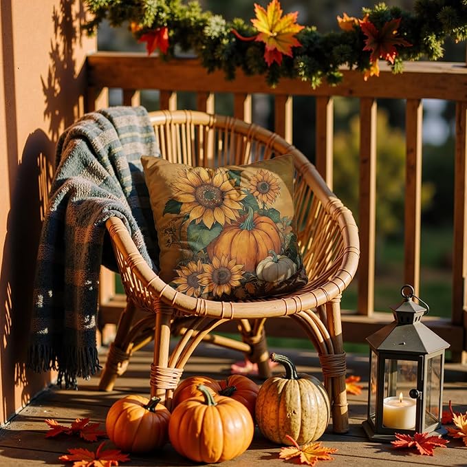 Vintage Fall Sunflower Pumpkin Pillow Covers 18x18,Autumn Pillow Cases Decor,Fall Autumn Pumpkin Decorative Cushion Covers for Home Bedroom Living Room