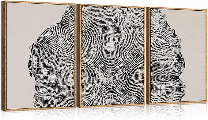 CHDITB Framed Tree Ring Wall Art Set of 3, 24"x36" Abstract Wood Stump Wall Decor, Large Black and White Wall Painting, Neutral Modern Nature Canvas Art Prints for Living Room, Bedroom, Farmhouse