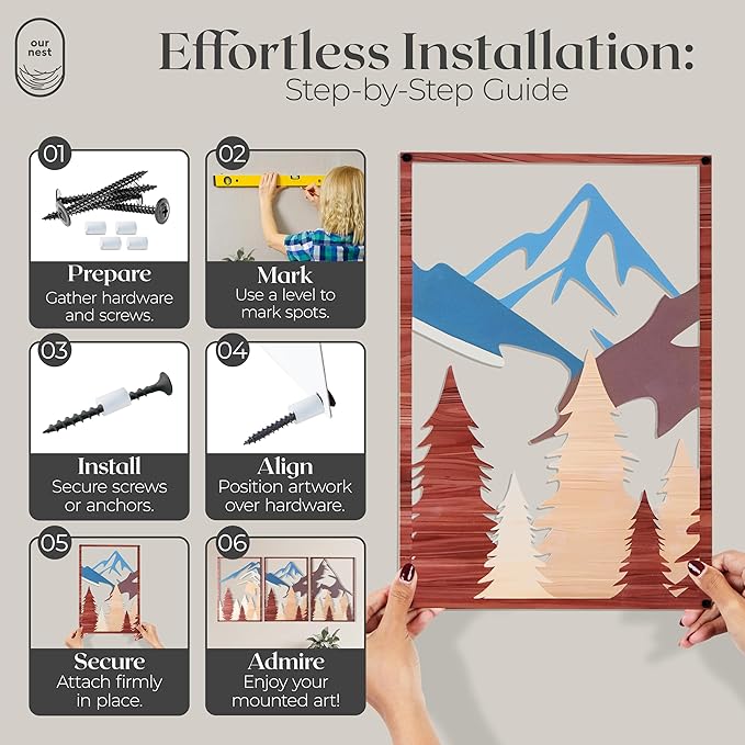 OUR NEST Metal Wall Art Set of 3 – Abstract Mountain Landscape Panels, 3D Rustic Nature Wall Decor for Living Room, Bedroom, Bathroom – Minimalist Metal Wall Sculpture, Modern Home Décor Gift (16" x 11")