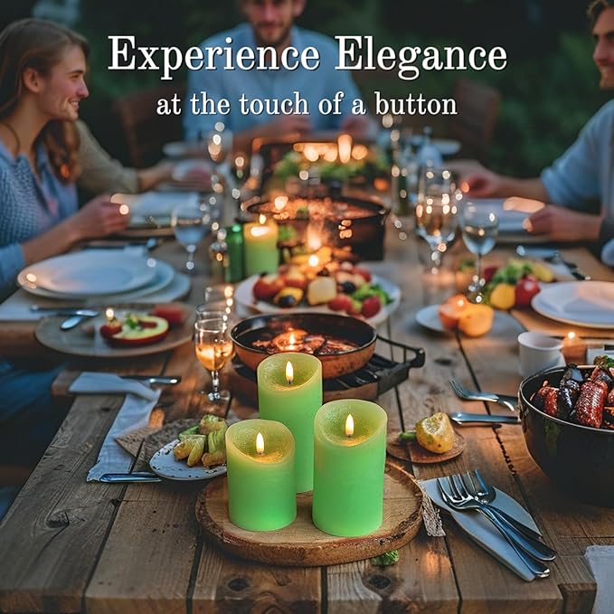 VENTA Green Real Wax Pillar Candles, Set of 3 | Battery Operated LED Candles with Remote | Fresh Spring & Nature Inspired Decor for Living Room, Spa & Botanical Themes