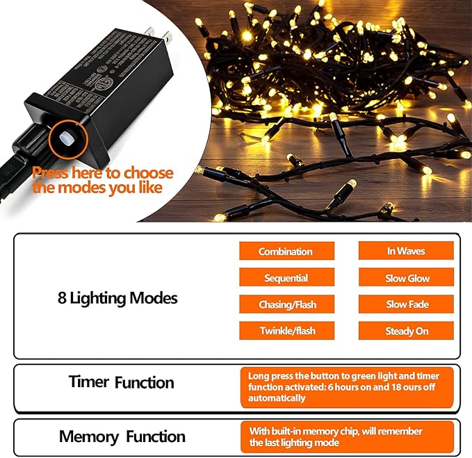 Super-Long 165FT 500 LED Christmas Tree Decor String Lights Indoor Outdoor, 8 Modes & Timer & Memory Function, Waterproof Fairy Lights- for Xmas Tree, Holiday Party, Garden Decorations (Warm White)