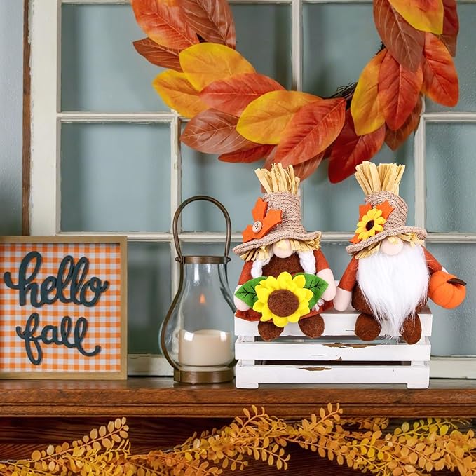 2pcs Fall Gnomes Plush Decorations for Home, Cute Thanksgiving Gnomes Plush Pumpkin Maple Leaves Fall Gnome Set Home Indoor Table Tiered Tray Decor, Thanksgiving Harvest Autumn Holiday Decoration Gift