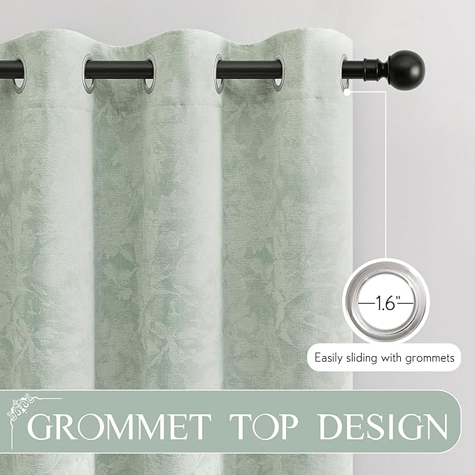 Beauoop Green Floral Jacquard Blackout Curtains 108 Inches Long 2 Panels for Bedroom Living Room Sage Flower Chenille Room Darkening Thermal Soundproof Grommet Window Treatments Drapes, 52x108
