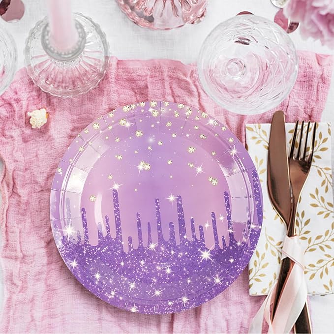 50PCS Purple Glitter Paper Plates 7inch Purple Gold Diamond Birthday Dessert Plate for Cake Salad Pizza Disposable plates Supplies for Girls Women Mermaid Anniversary Birthday Wedding Theme Party