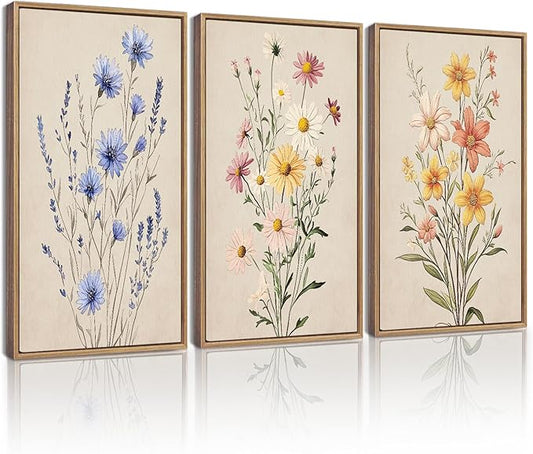 KUVIOKE Vintage Wildflower Bouquet Framed Wall Art Color Botanical Flower Wall Decor Modern Colorful Floral Hanging Decor for Living Laundry Dining 16x24in (Natural Framed)