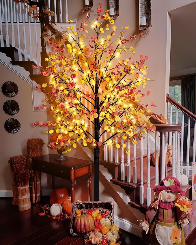 8FT Fall Lighted Eucalyptus Tree with 160 Led Lights Artificial Fall Light Up Tree Large Fake Autumn Tree Lights for Indoor Outdoor Fall Home Thanksgiving Christmas Decor