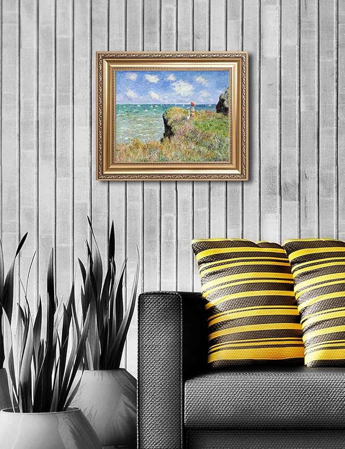 DECORARTS - The Cliff Walk At Pourville by Claude Monet. Classic Art Reproduction, Giclee Print on Canvas. Ready to Hang Framed Wall Art for Wall Decor. Total Size w/Frame: 26x22