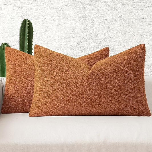 MIULEE Fall 12x20 Inch Decorative Lumbar Throw Pillows for Bed Set of 2 Textured Boucle Neutral Throw Pillow Covers Orange Accent Solid Pillowcase Cozy Soft Sofa Livingroom Home Decor