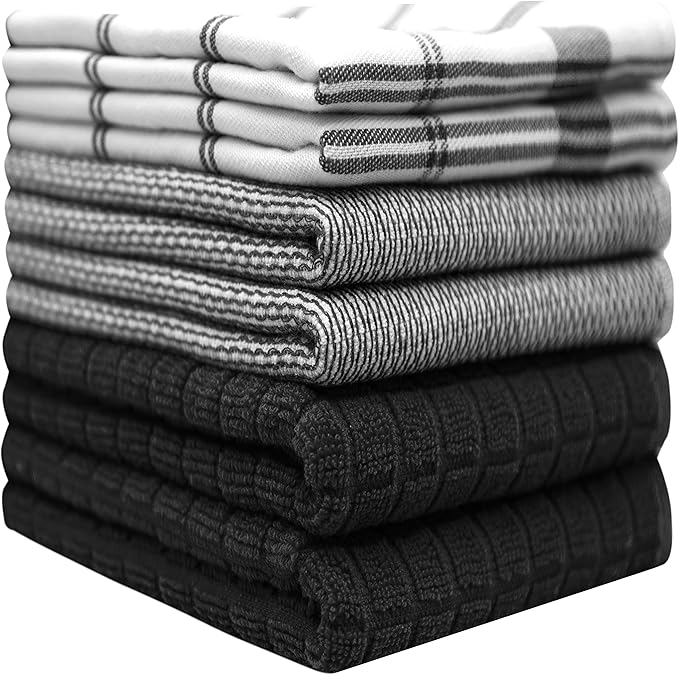 Premium Kitchen Towels (20”x 28”, 6 Pack) | Large Cotton Hand Towels | Flat & Terry Dish Towels | Highly Absorbent Tea Towels Set with Hanging Loop | Black Check