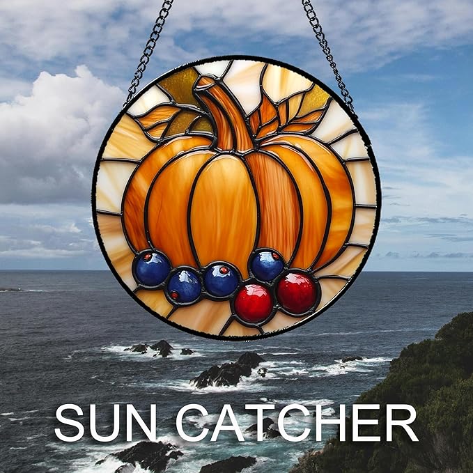 Stained Glass Window Hanging Fall Pumpkin Berries 6.3" - Suncatcher Door Garden Kitchen Sunroom Sun Catcher Autumn Home Decor Birthday for Mom Grandma Men Woman