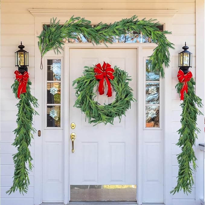 2 Pcs 6 Ft Christmas Norfolk Pine Garlands, Real Touch Faux Pine Garland, Realistic Green Fake Greenery Garland for Christmas Table, Mantle, Wall, Outdoor Holiday Winter Decorations(2, 6 FT)