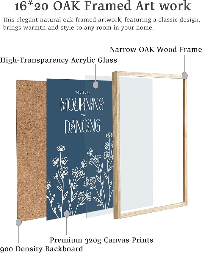 EcoHest Large 16x20in OAK Wood Framed Wall Art, Psalm 30:11 Mourning To Dancing Bible Verse Christian Wall Art, Modern Blue Bedroom Decor For Living Room Bathroom Christian Merch Gift 1Pack