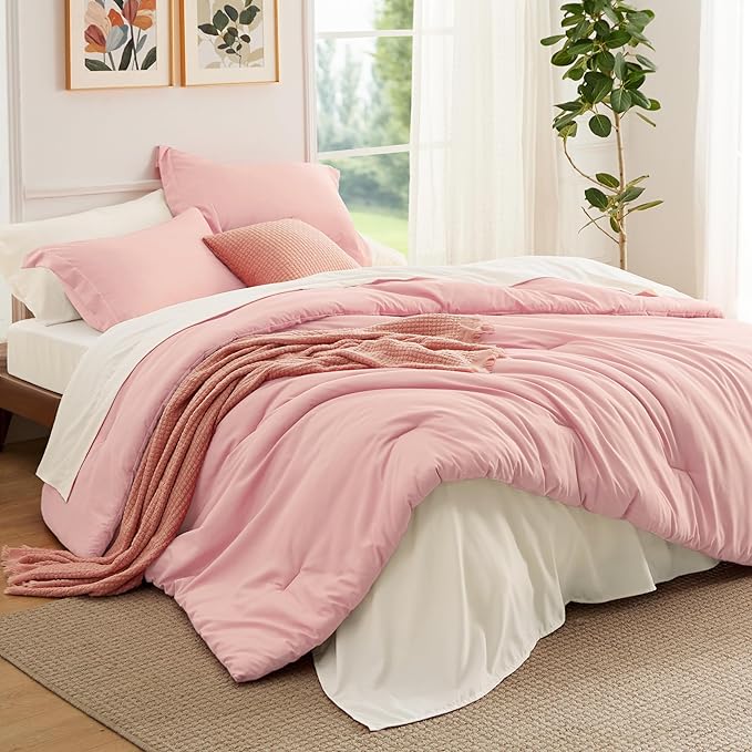 Bedsure King Size Comforter Set - 7 Pieces Pink King Bedding Set for All Seasons, Boho Contrasting Design Bed in a Bag with Comforter, Sheets, Pillowcases & Shams