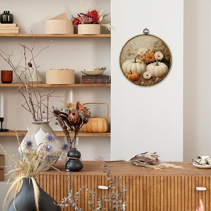 Mcehtle Vintage Fall Pumpkin Wall Art Decor, Retro Autumn Harvest White Pumpkin Floral Framed Canvas Prints 10x10, Rustic Farmhouse Round Wall Hanging Artwork Decorations for Bedroom Living Room Home