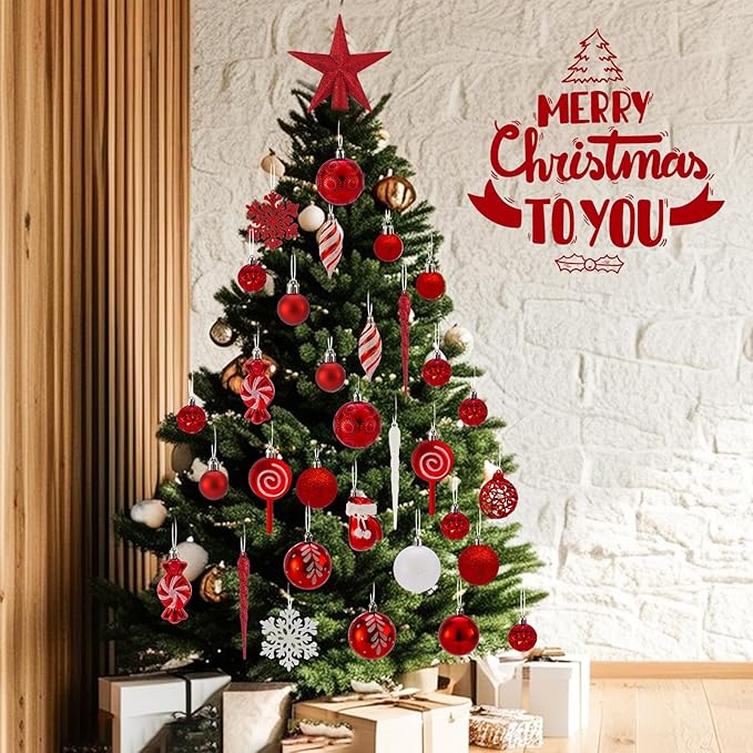 130 Pcs Christmas Ball Ornaments, Christmas Tree Decoration Set Red Christmas Ball Shatterproof Hanging Ornament Decorations for Christmas Tree, Wreaths, and Outdoor Displays (Red)