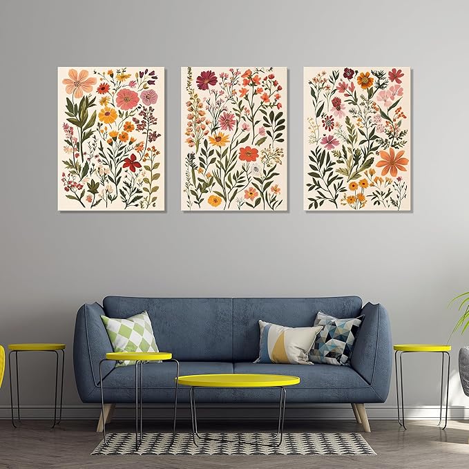 UCRAASDEB Framed Colorful Wildflowers Canvas Wall Art Set of 3 Neutral Vintage Floral Pictures Poster Farmhouse Boho Botanical Painting Prints for Living Room Nursery Bedroom 16'' x 12''