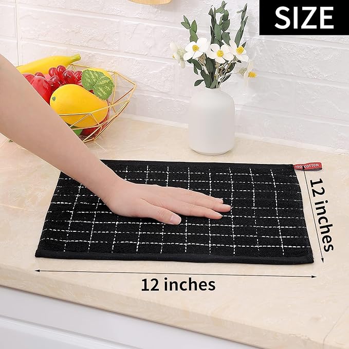 Homaxy 100% Cotton Terry Kitchen Dish Cloths, Ultra Soft and Absorbent Dish Towels for Kitchen, Suitable for Drying and Washing Dishes, 12 Pack, 12 x 12 Inches, Black