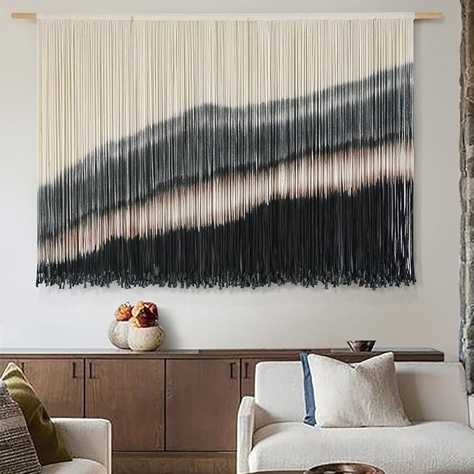 Jakalin Large Macrame Wall Hanging Dip Dyed Boho Wall Decor For Living Room Bedroom Entryway 57" Wx35 L Modern Fiber Yarn Wall Art Handmade Black Home Decor