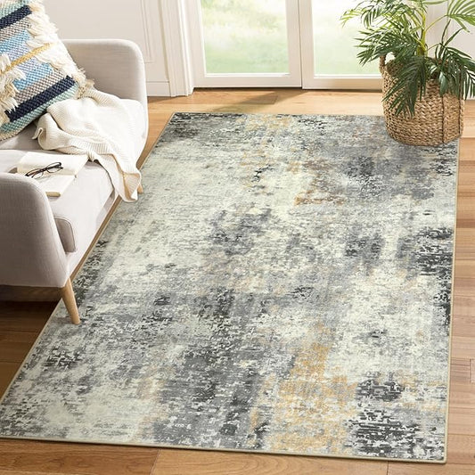 Lahome Modern Abstract Area Rug - 4x6 Grey Rugs for Bedroom Washable Dining Room Rug Living Room Mat, Non Slip Contemporary Indoor Floor Nursery Carpet for Kitchen Laundry Room Entryway