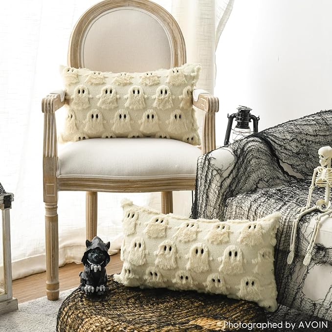 AVOIN colorlife Halloween Ghost Beige Throw Pillow Cover Set of 2, 12 x 20 Inch Soft Plush Faux Fur Jacquard Spooky Cushion Case Decoration for Sofa Couch