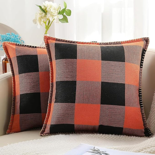 decorUhome Farmhouse Gingham Buffalo Plaid Check Throw Pillow Covers 22x22 Set of 2, Outdoor Fall Linen Decorative Pillow Covers with Stitched Edge for Bed Couch Sofa, Orange and Black