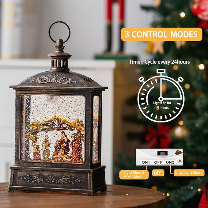 Christmas Snow Globe Glittering Nativity Scene with Music & Timer, USB Lined/Battery Operated Lighted Water Lantern for Christmas Festival Decoration Gifts
